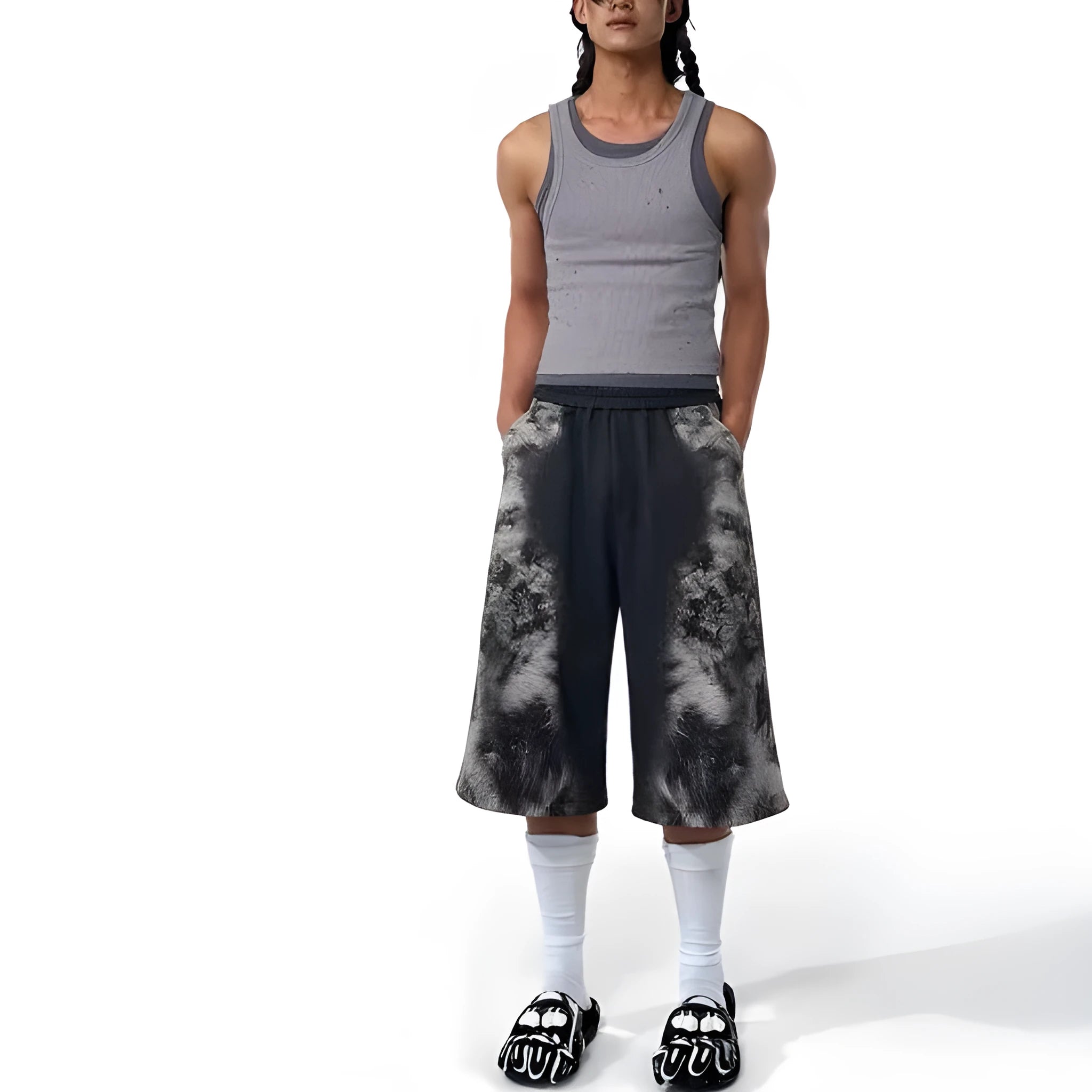 Loose trousers set with printed hoodie and seven-inch pants in street trendy design
