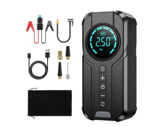 Black portable wireless car tyre inflator with digital display, 6000mAh battery, and a kit of nozzle attachments on a grey background.