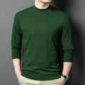 Men's round neck wool and mulberry silk pullover sweater in dark grey, showing long sleeves and knit texture.
