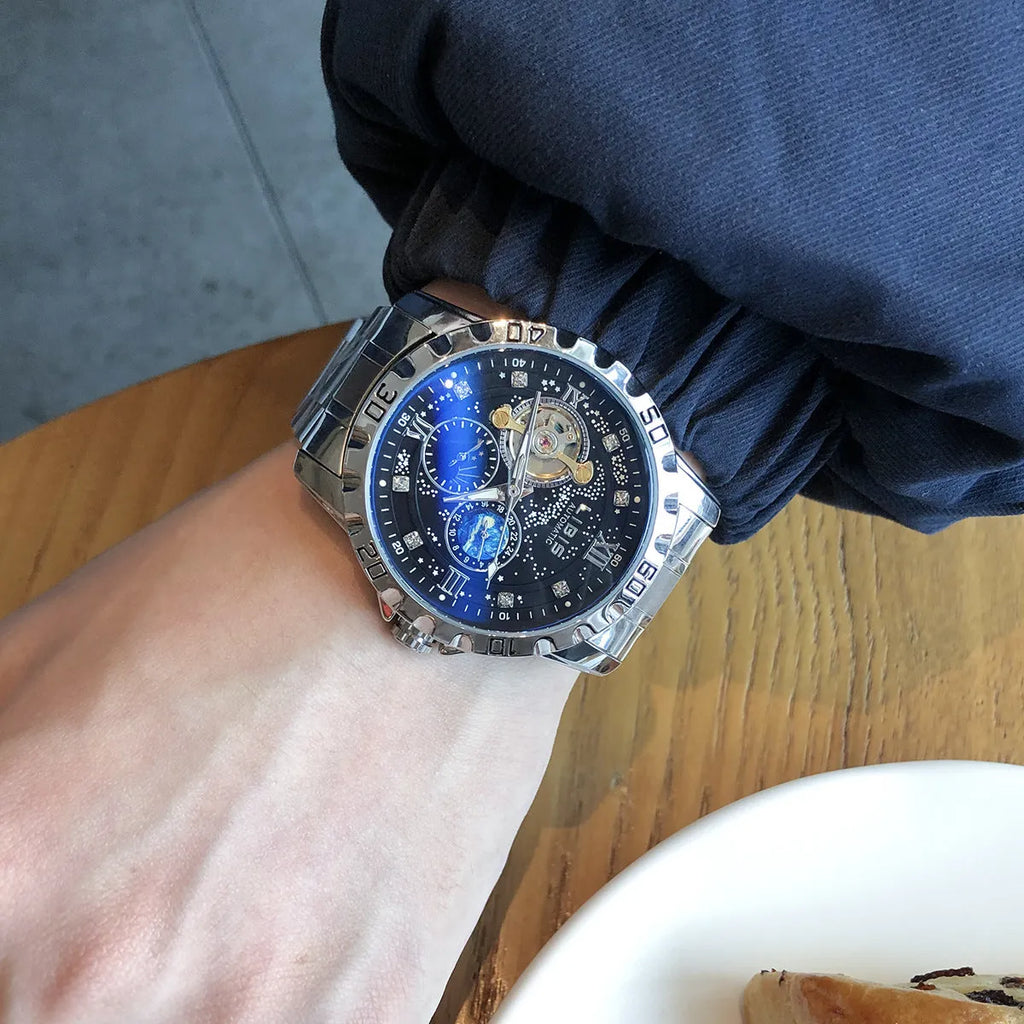 Men's silver case automatic mechanical watch with black steel belt and luminous waterproof features