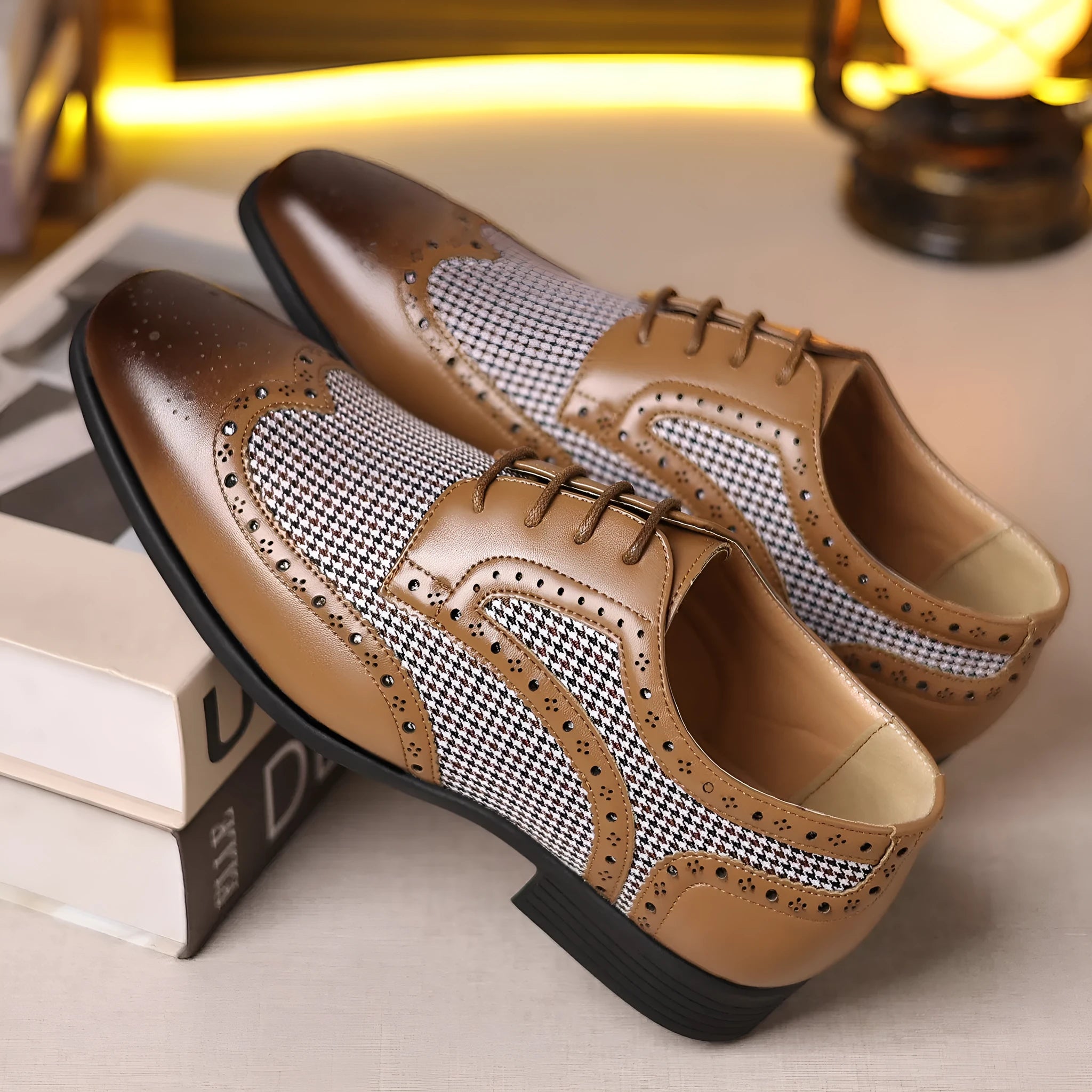 Men's black imitation houndstooth pattern casual canvas shoes with square toe and lace-up front.