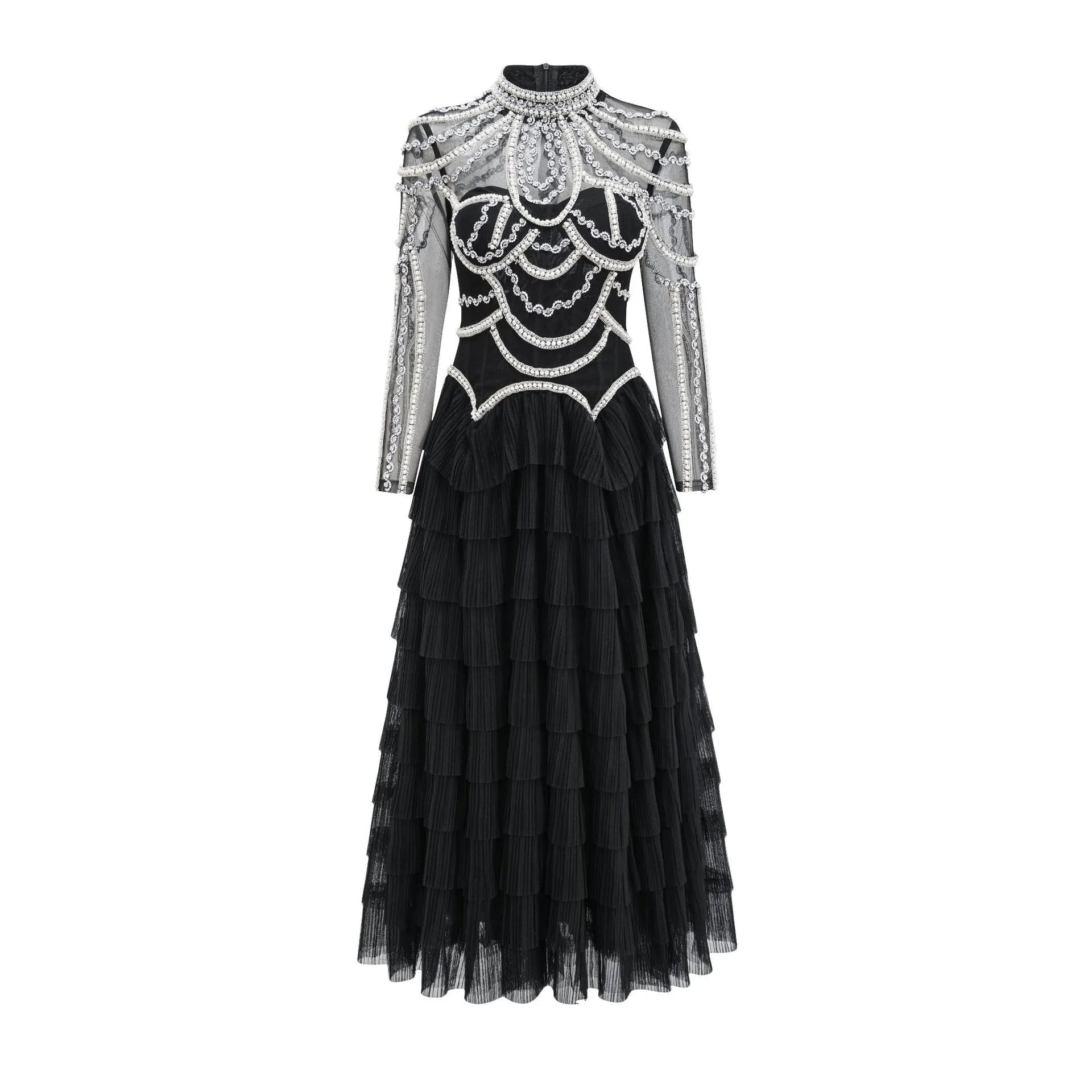 Women's black polyester dress with long sleeves, decorative beadwork, and mid waist design