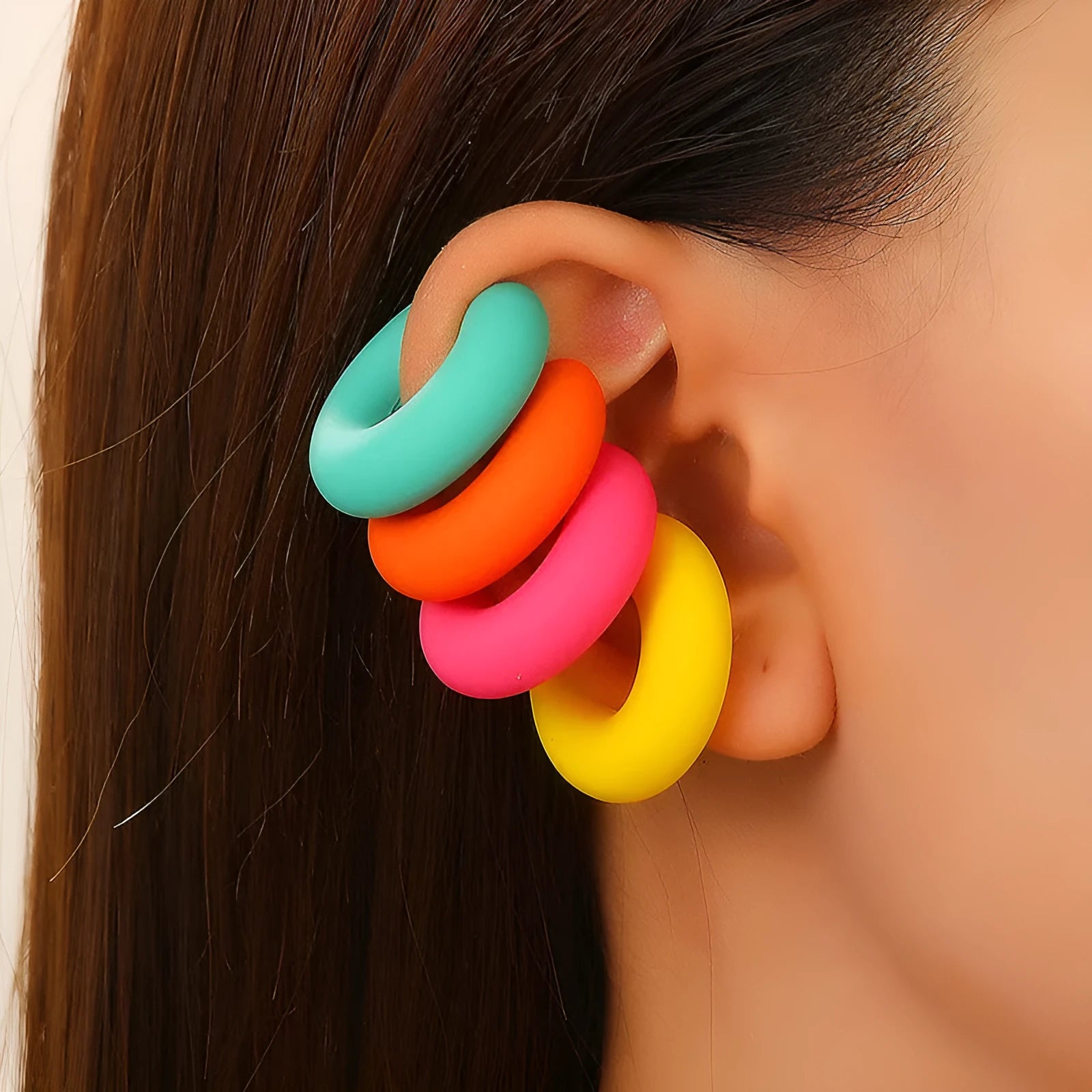 Matte coarse round C-shaped clip-on earrings in a selection of candy colours for women, no piercing required.