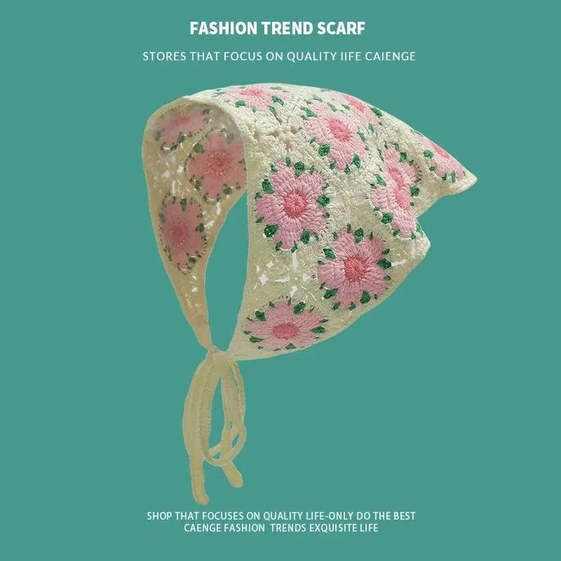 Cotton triangular headscarf with French retro floral pattern in multiple colour options