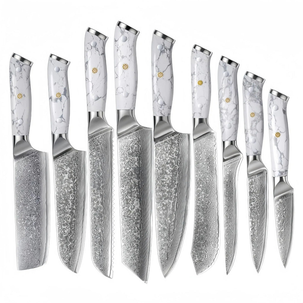 Damascus pattern chef's knife with 21cm VG10 steel blade and dark handle on a wooden surface.