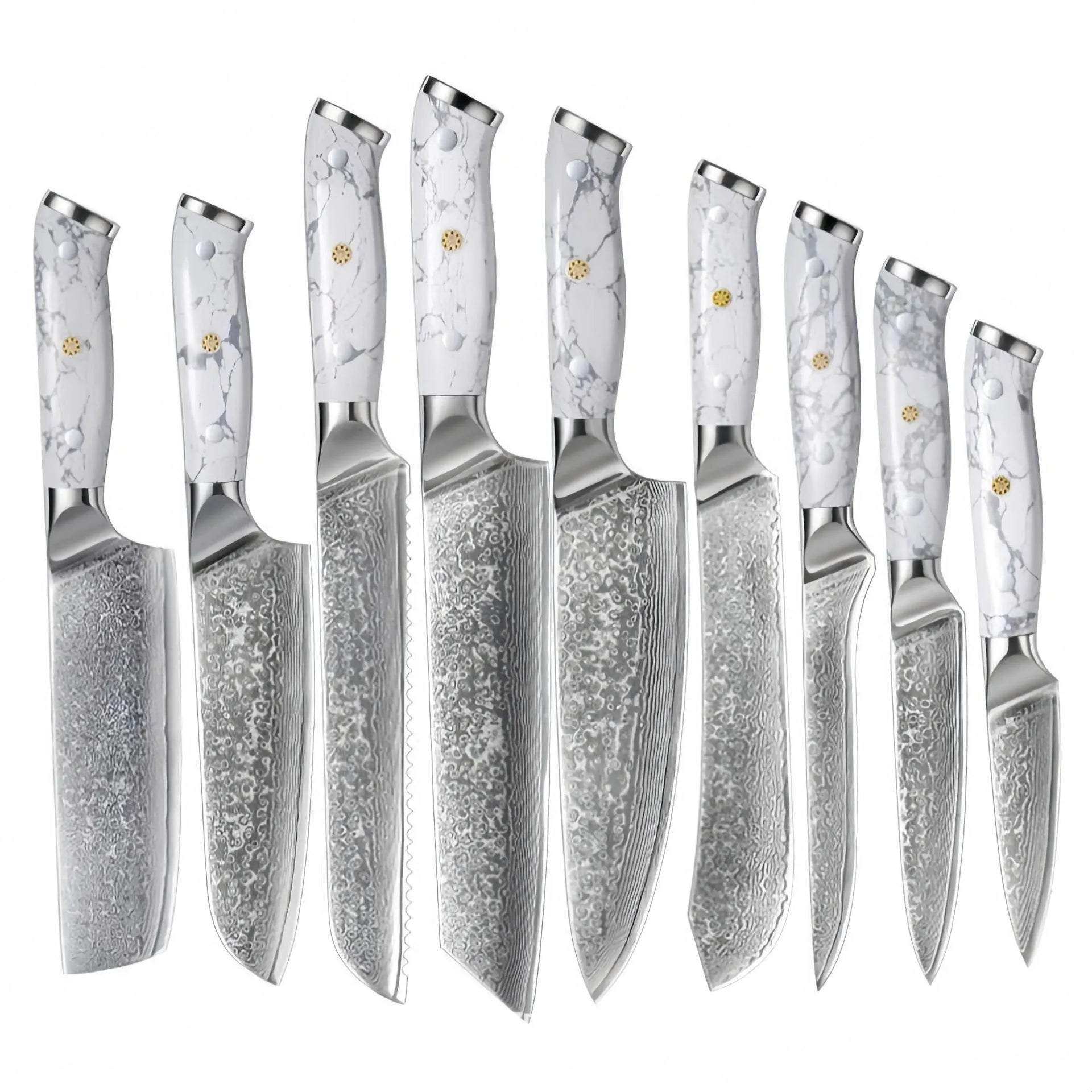 Damascus pattern chef's knife with 21cm VG10 steel blade and dark handle on a wooden surface.
