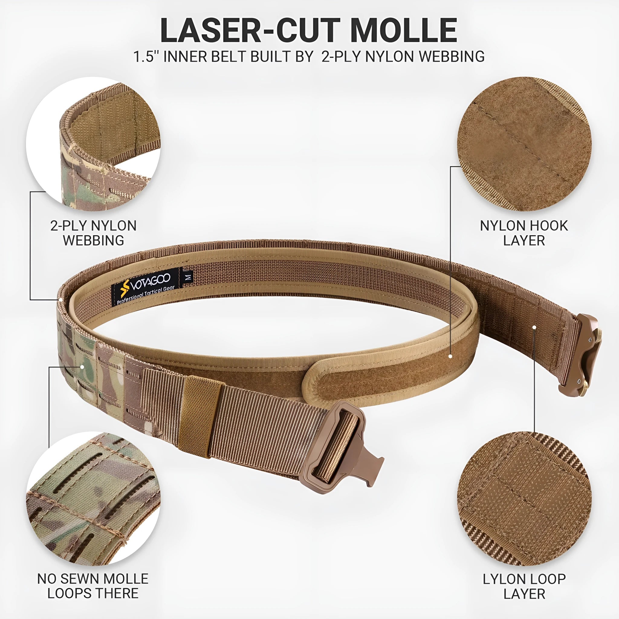 VOTAGOO 2-inch tactical belt with quick-release buckle in CP camouflage, black or grey-brown
