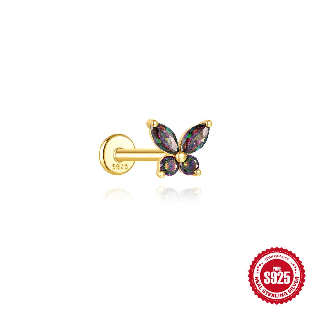 S925 sterling silver thread piercing earring with super shiny rainbow stone flat head in single gold colour.