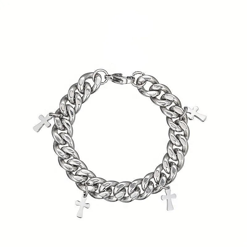 Men's titanium steel bracelet with geometric shape and cross design in a cold wind style.