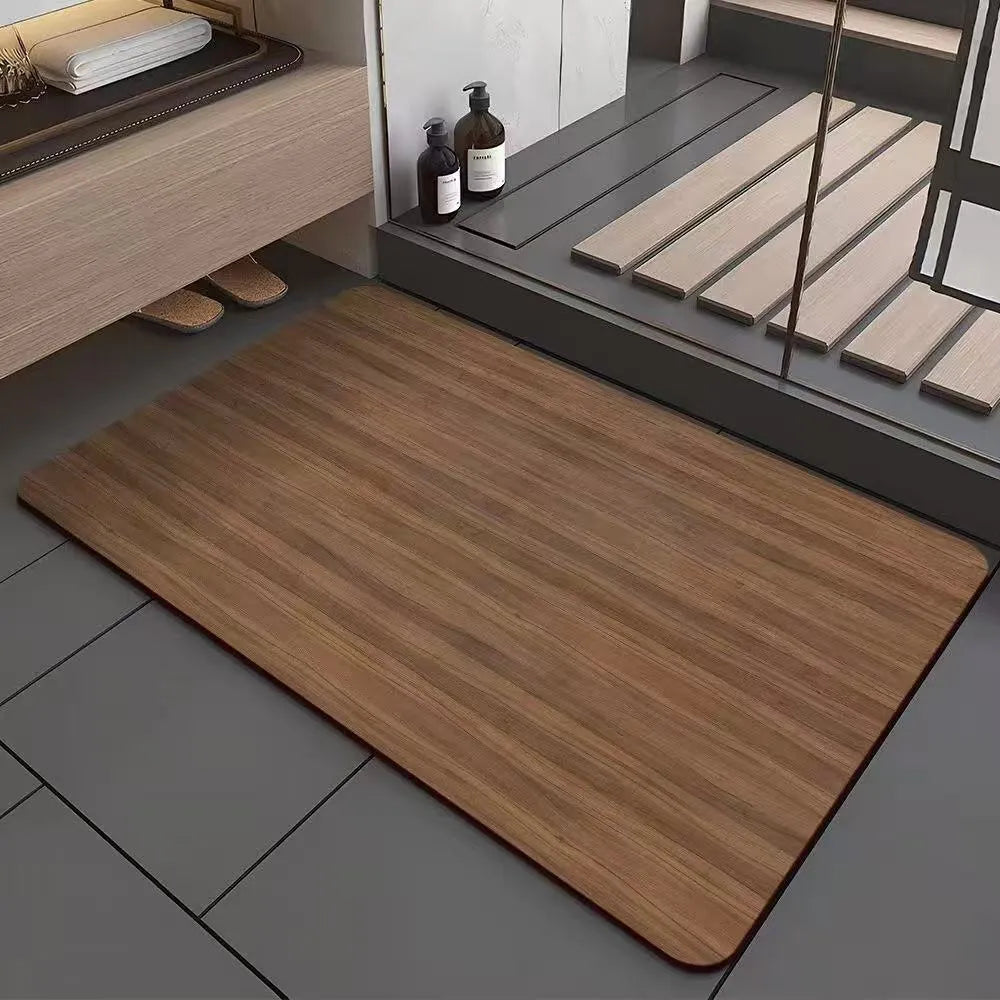 Square American style wood grain patterned diatom ooze bathroom floor mat on a tiled floor.