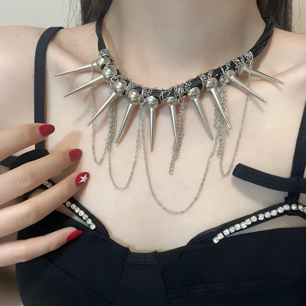 Genuine leather tassel necklace with electroplated rivet details and round beads
