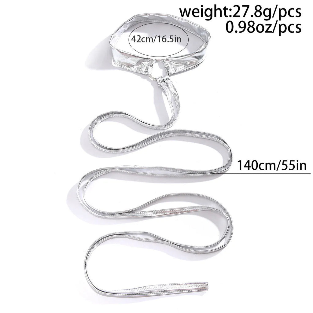Silver alloy thigh chain anklet with lace-up design and cross-strap detail on model's leg
