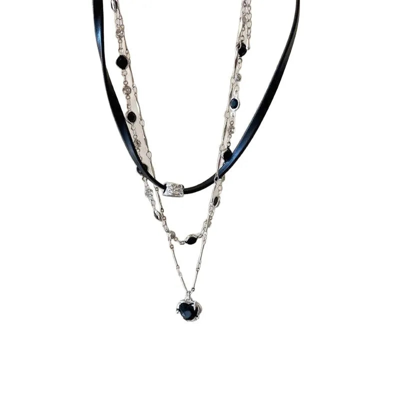 Women's multi-layer twin necklace with leather heart pendant on adjustable alloy clavicle chain