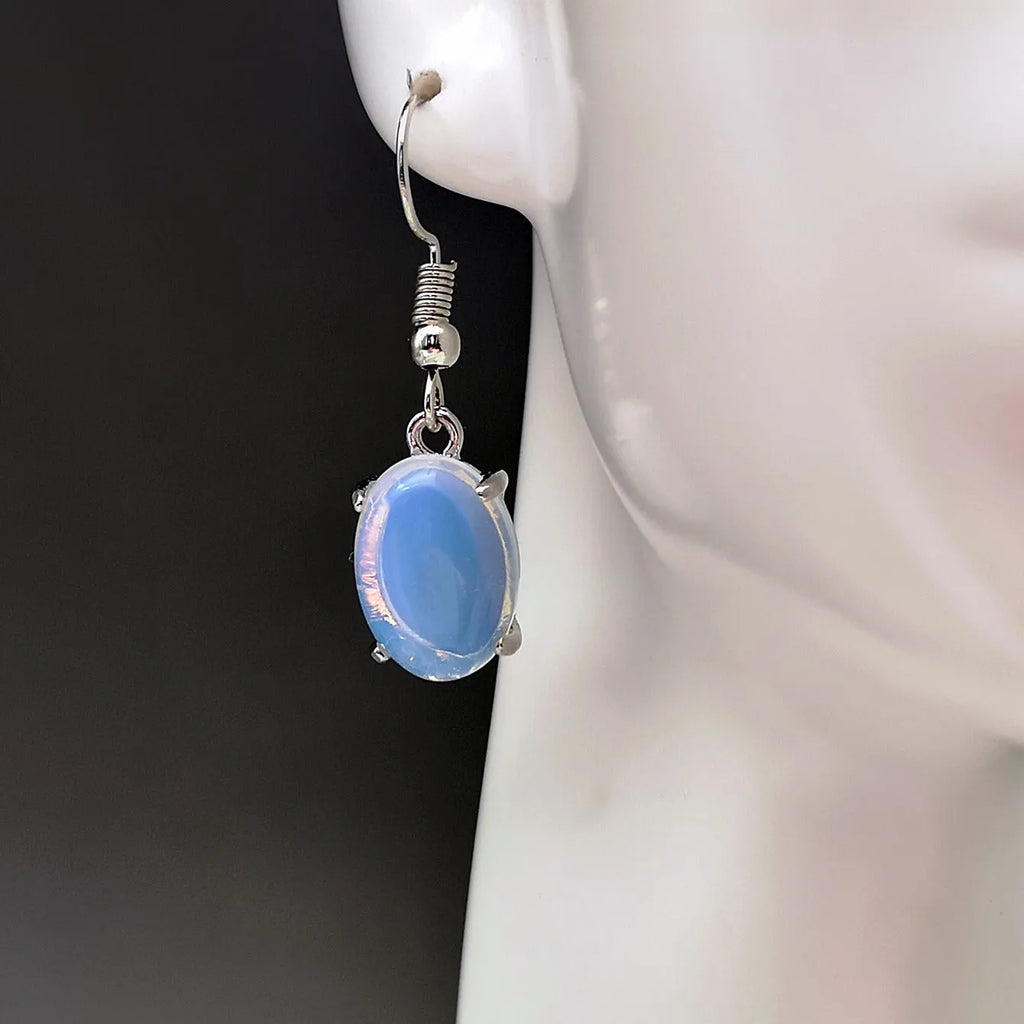 Moonlight white opal earrings with electroplated alloy drop shape design and ellipse silhouette elements