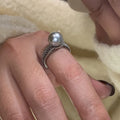 Black pearl open adjustable finger ring with geometry design on copper band