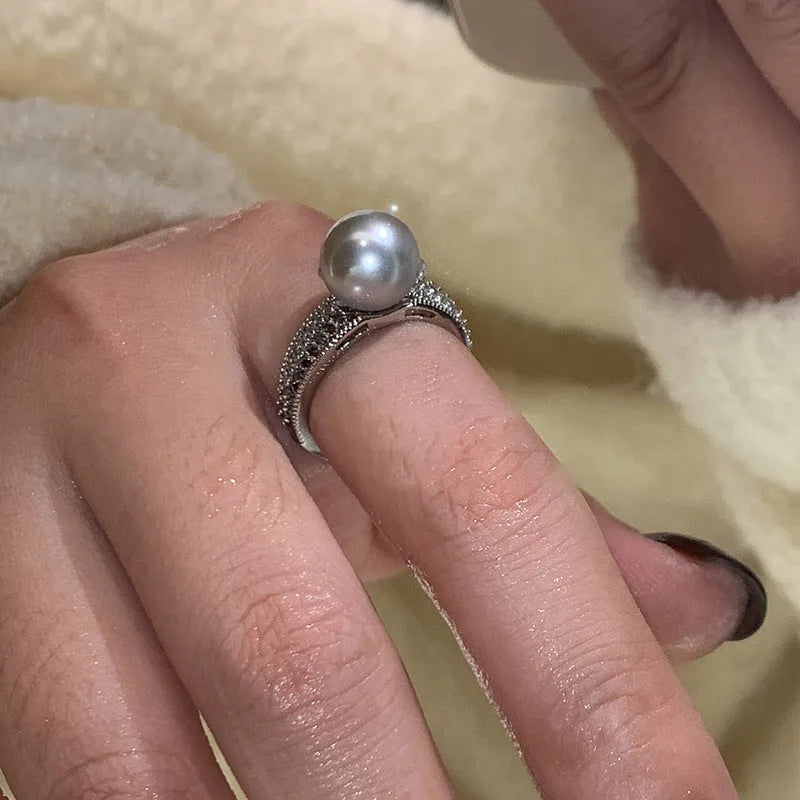 Black pearl open adjustable finger ring with geometry design on copper band
