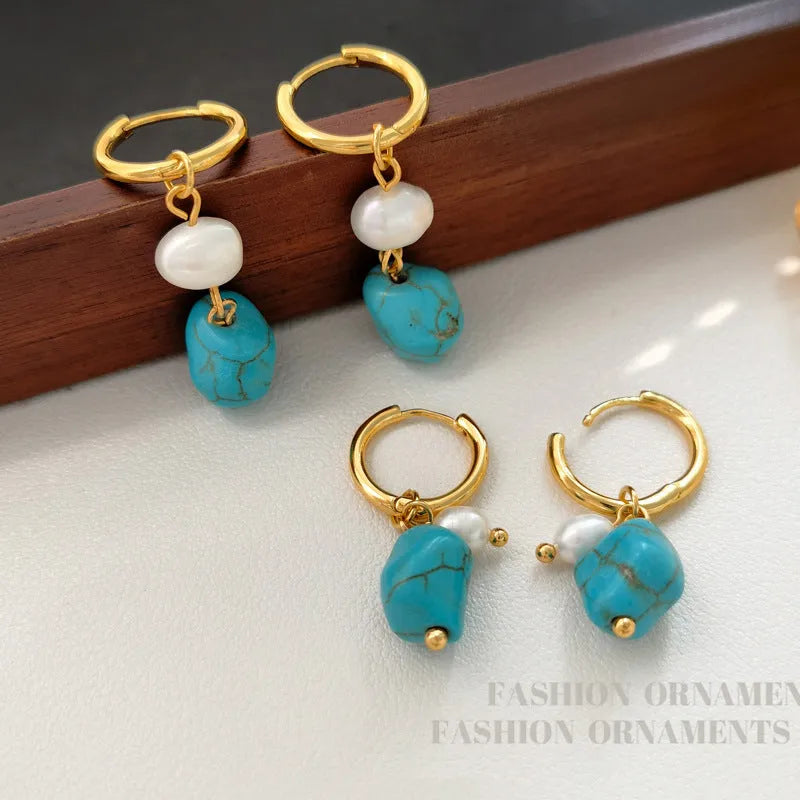 Turquoise irregular geometric cultured pearl earrings with copper setting in short and long styles
