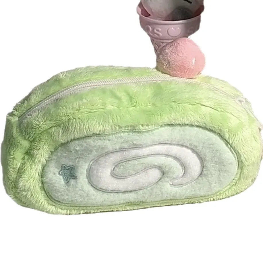 Swiss roll cake patterned velvet pencil case for stationery storage.