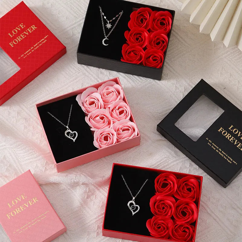 Korean style red soap rose flower gift set with box and handbag.