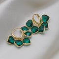 Korean style heart-shaped green glass ear clip earrings with alloy inlay artificial gemstones