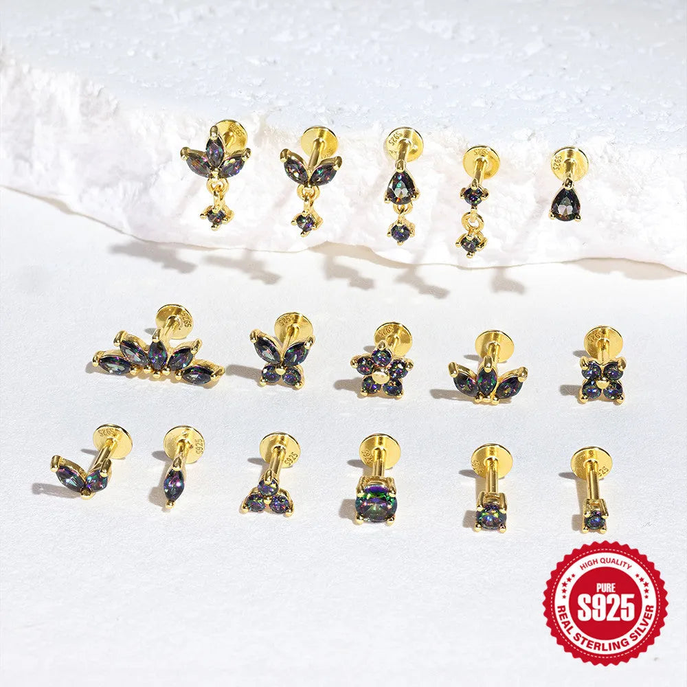 S925 sterling silver thread piercing earring with super shiny rainbow stone flat head in single gold colour.