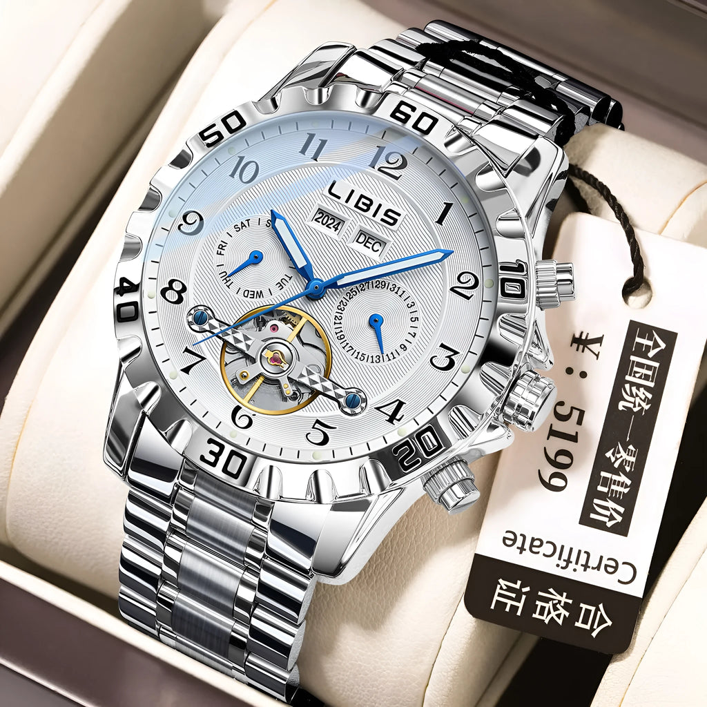 Men's silver steel automatic perpetual calendar mechanical watch with business style design