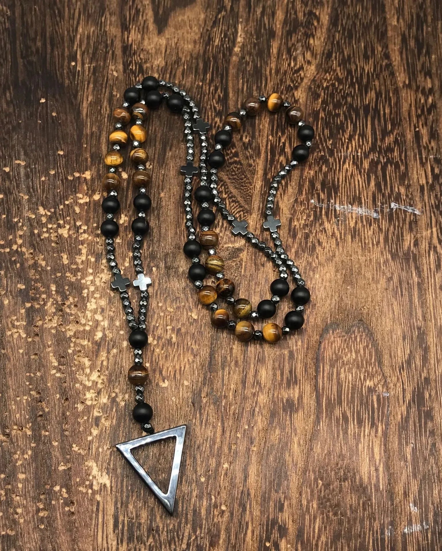 Men's stone cross pendant necklace with hand-woven detail on an 80cm ball bead chain.