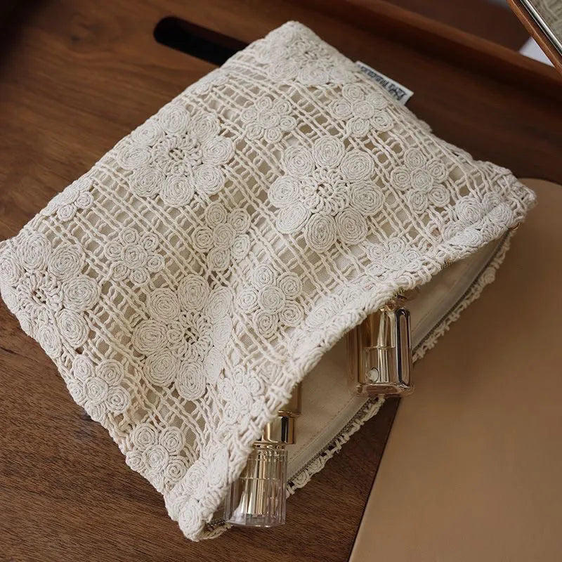 Handmade corduroy cosmetic bag with crocheted hollow flower pattern and ethnic embroidery in rope colour