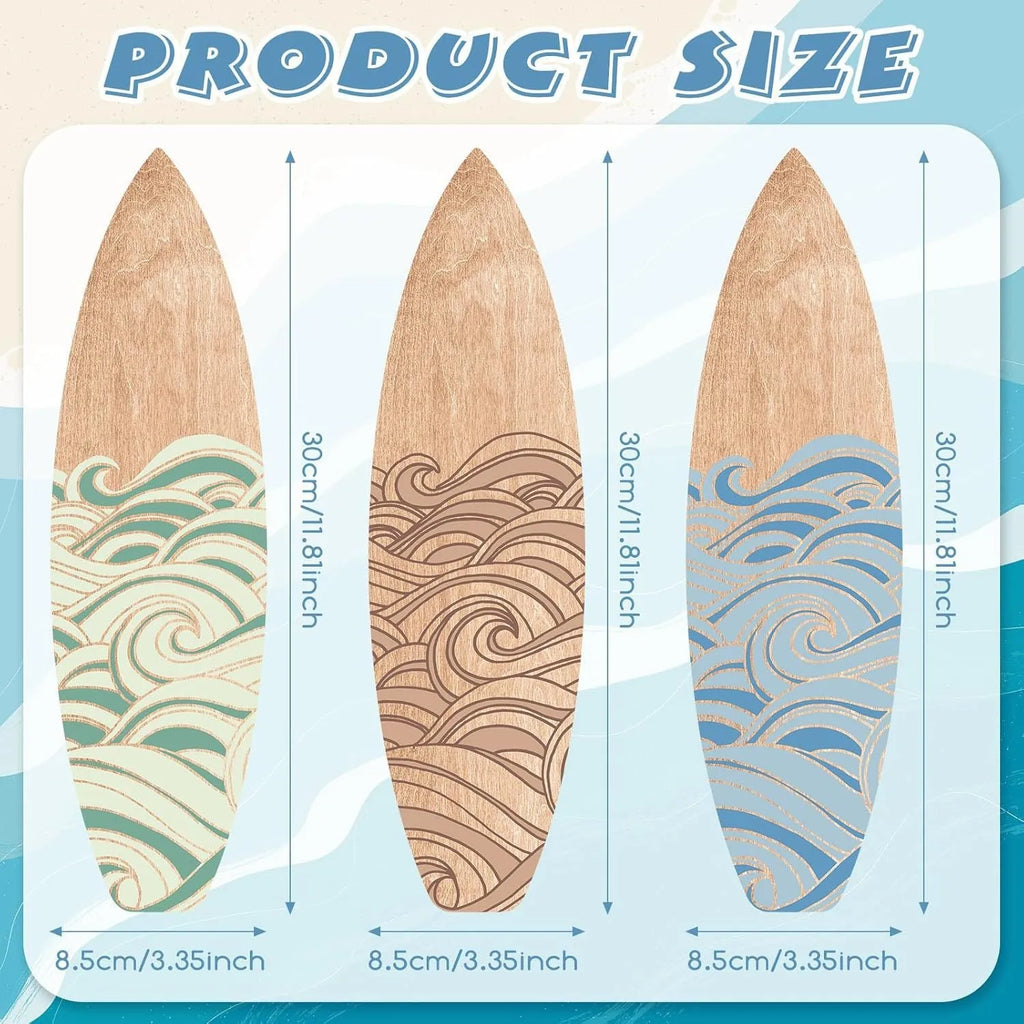Set of three identical wooden surfboard-shaped wall decorations on a white background.