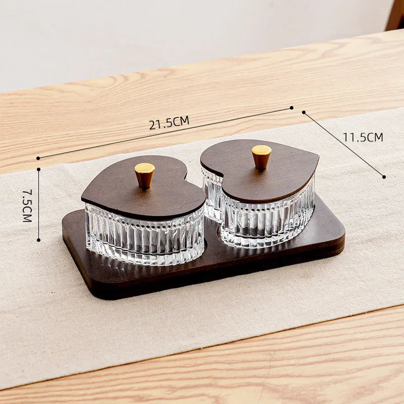 Glass retro serving platter with transparent heart-shaped lid showing multiple snack compartments
