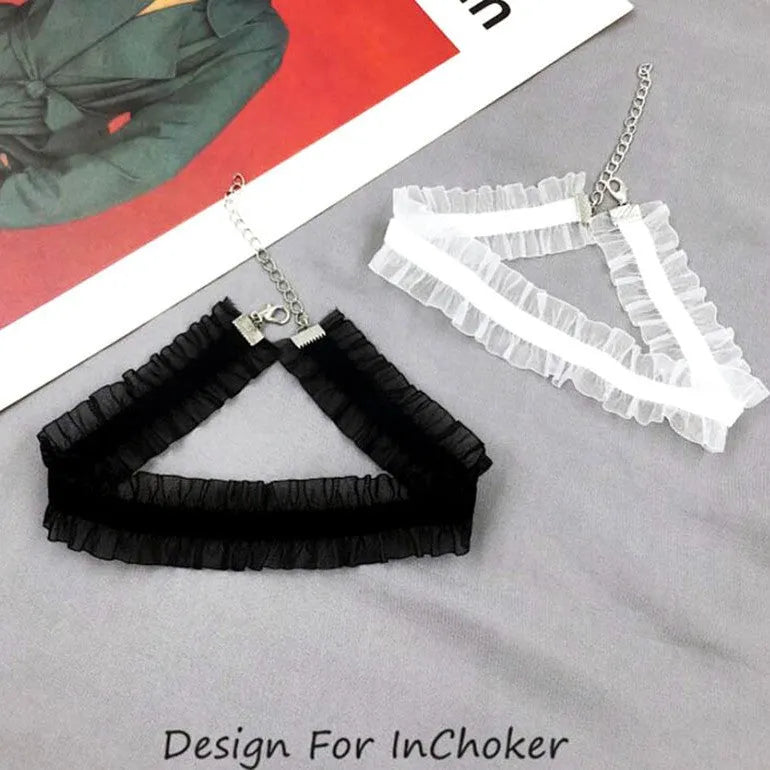 Velvet ruffled flower pendant necklace with snake bones chain in black, light coffee or white options