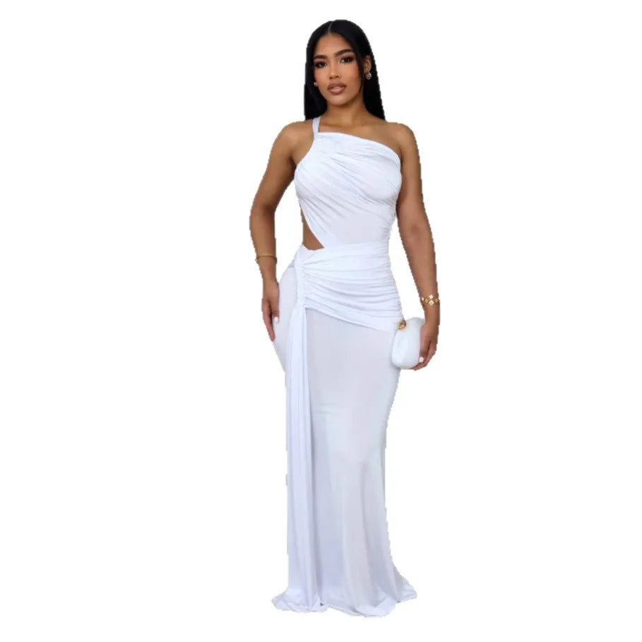 Women's one shoulder pleated dress in milk silk polyester fabric