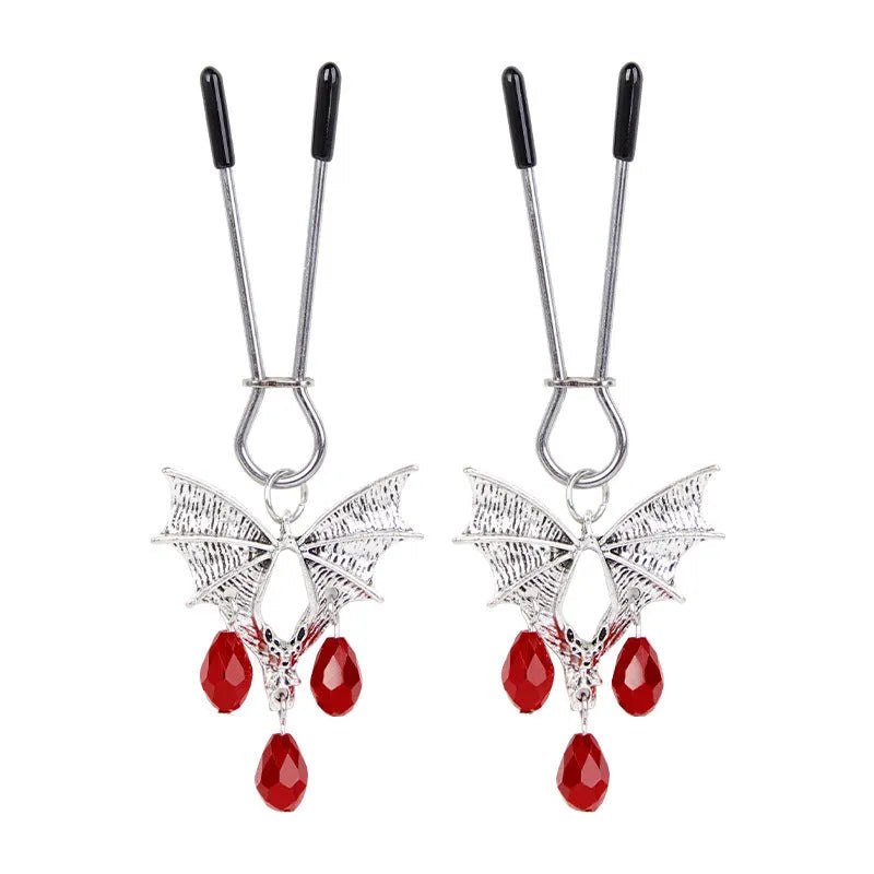 Silver alloy adjustable bat nipple clamp with ruby decorative clip for adult use.