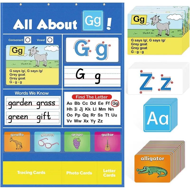 Blue alphabet learning sleeve table with word and letter cards laid out on its wipeable PVC surface.
