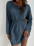 Blue slim-fit women's knitted dress with hand-crocheted flower detail on the front.