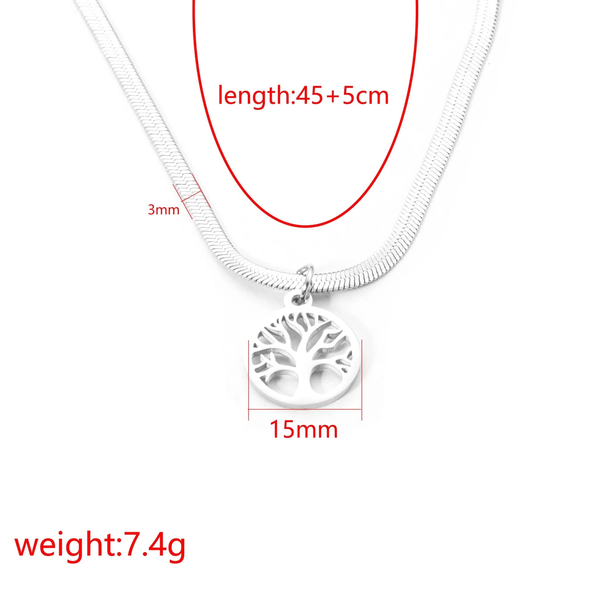 Stainless steel necklace with tree pendant on snake bone chain in gold or steel colour.