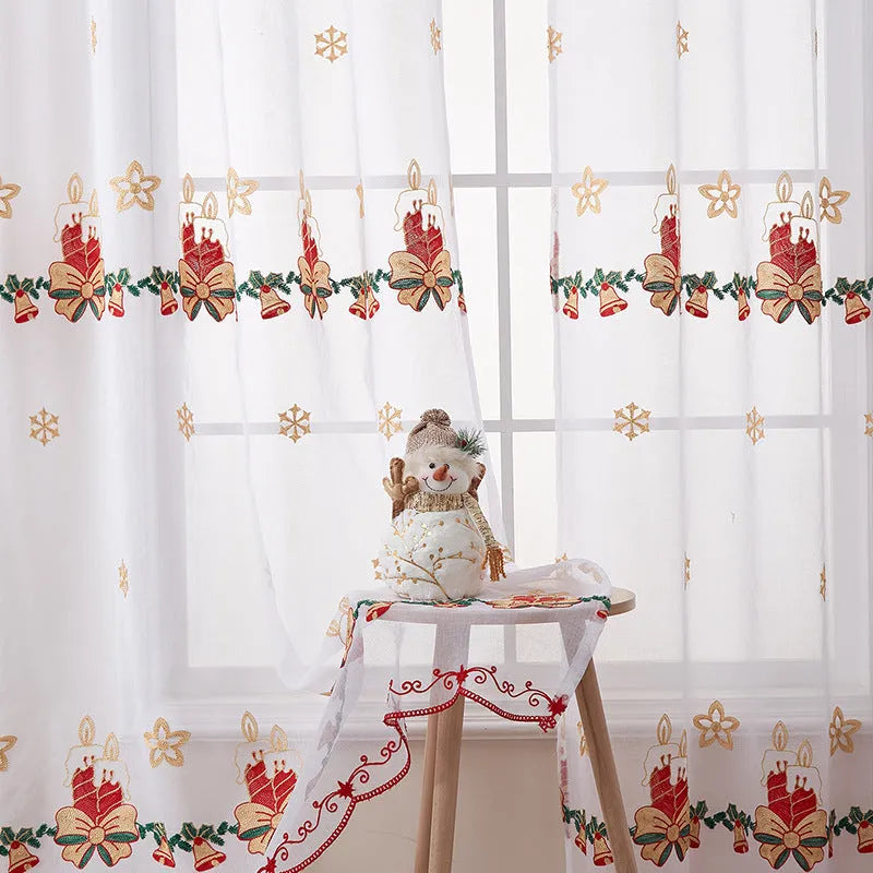 American Christmas curtains with white snowflake embroidery on red polyester fabric hung on window