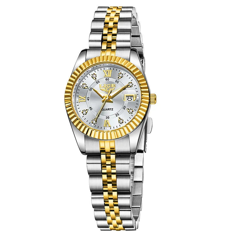 Women's quartz fashion watch in gold and silver colour options with 10mm thickness
