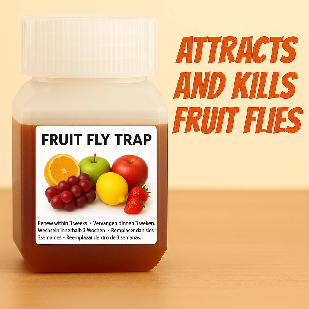 Bottle of SK003 fruit fly bait liquid with optional funnel for placement.