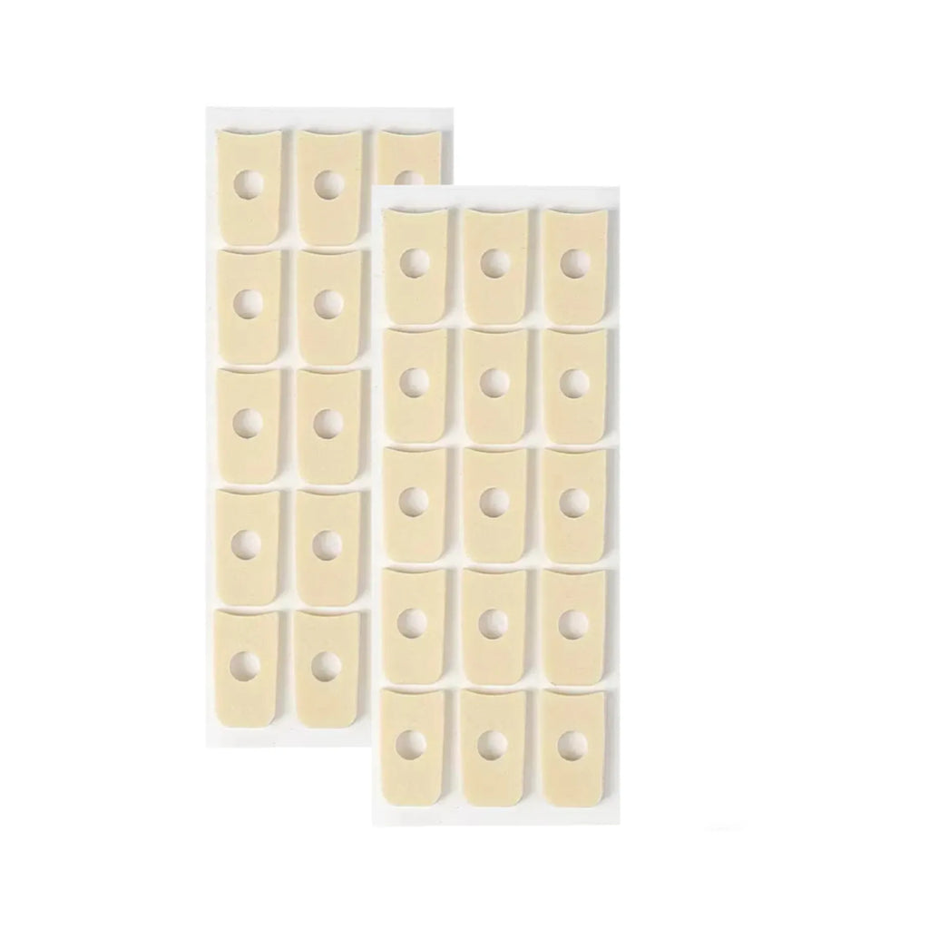 Women's heel grip toe pads pack showing four different shapes: large oval, small oval, U-shaped, and circular section