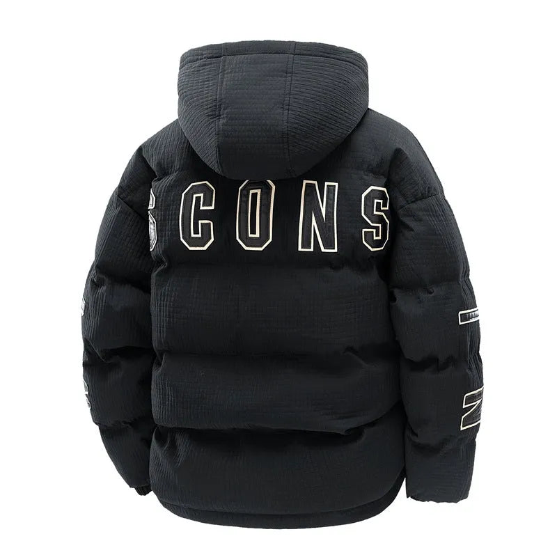 Men's black padded hooded cardigan coat in Korean style with side seam pockets.