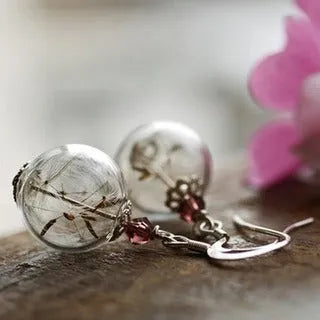 Transparent glass ball earrings on a French hook, showing dandelion seed design in silver and bronze finishes.