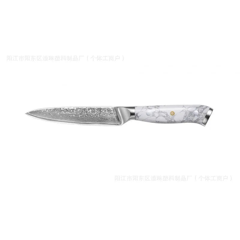 Damascus pattern chef's knife with 21cm VG10 steel blade and dark handle on a wooden surface.