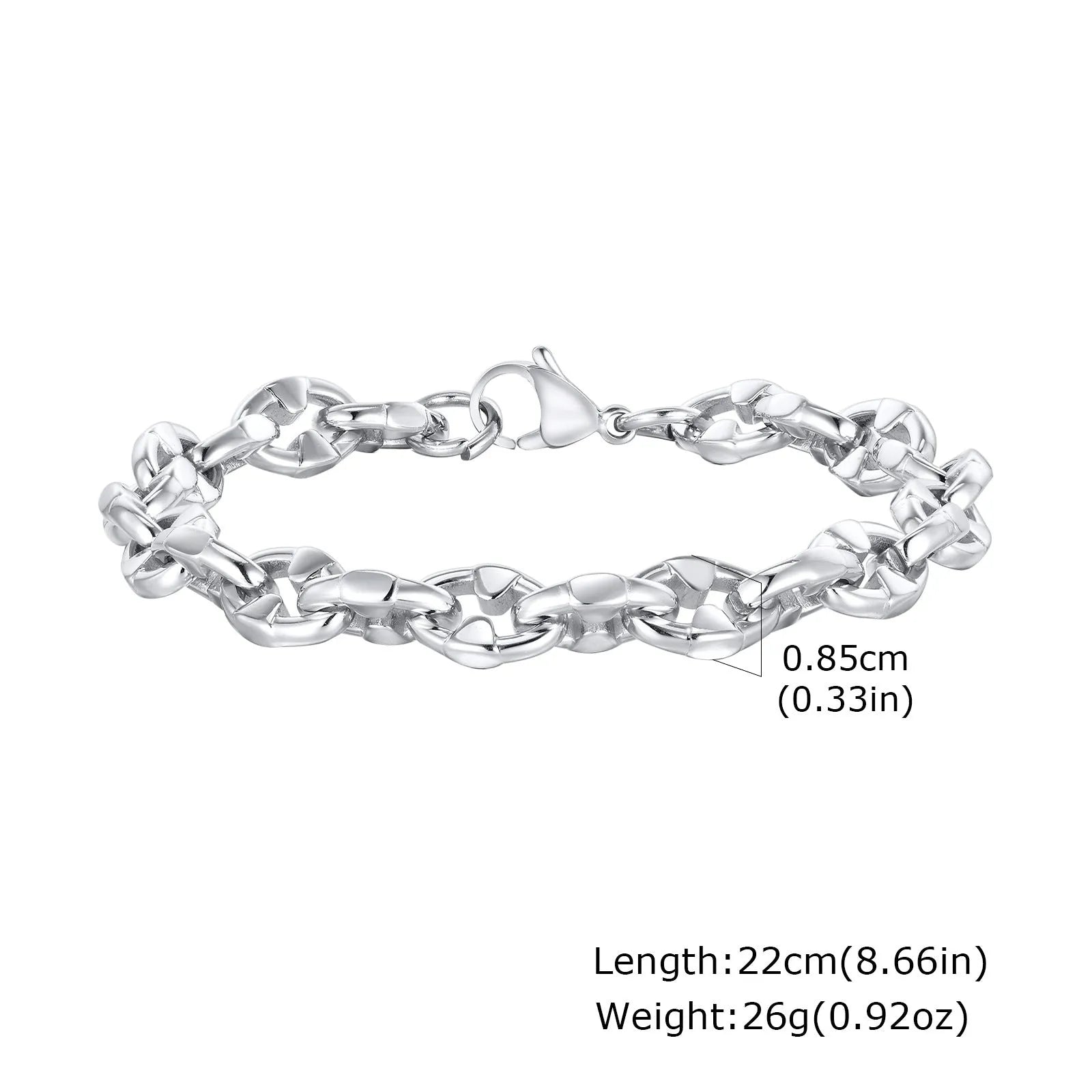 Handmade stainless steel thick chain bracelet with geometric links, steel colour, unisex hip hop style.
