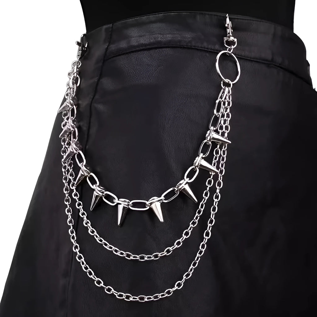 Silver metal double-layer pants chain with rivet details for punk hip hop style