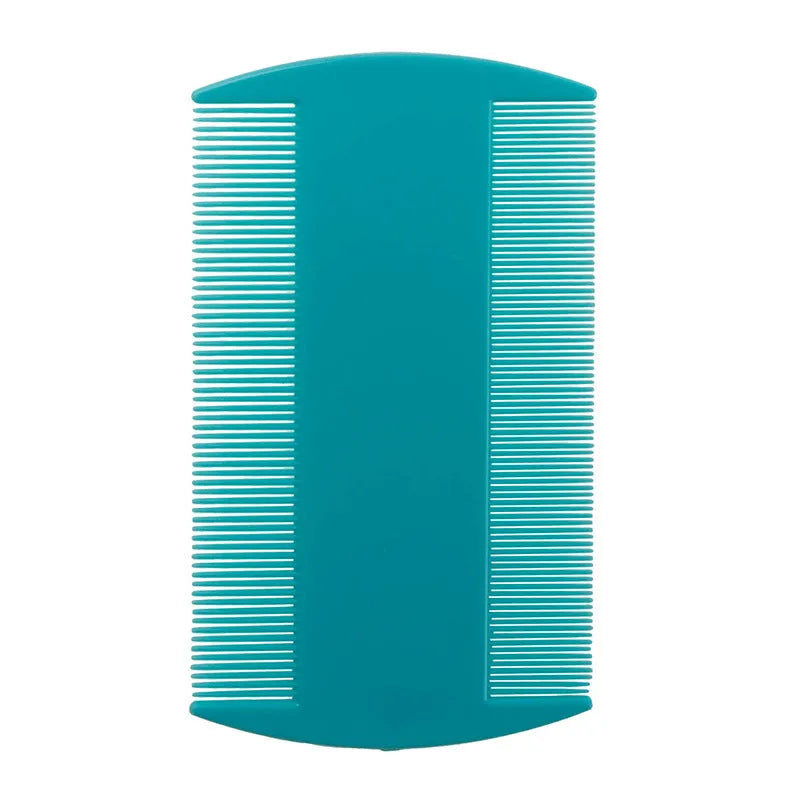 Plastic fine-toothed flea comb in assorted colours showing double-edged design for pet and human grooming