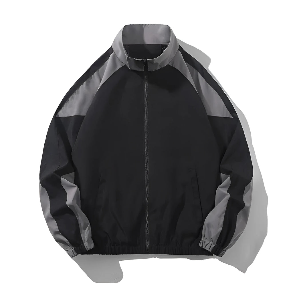 Men's black casual polyester jacket with contrast stitching and side seam pockets.