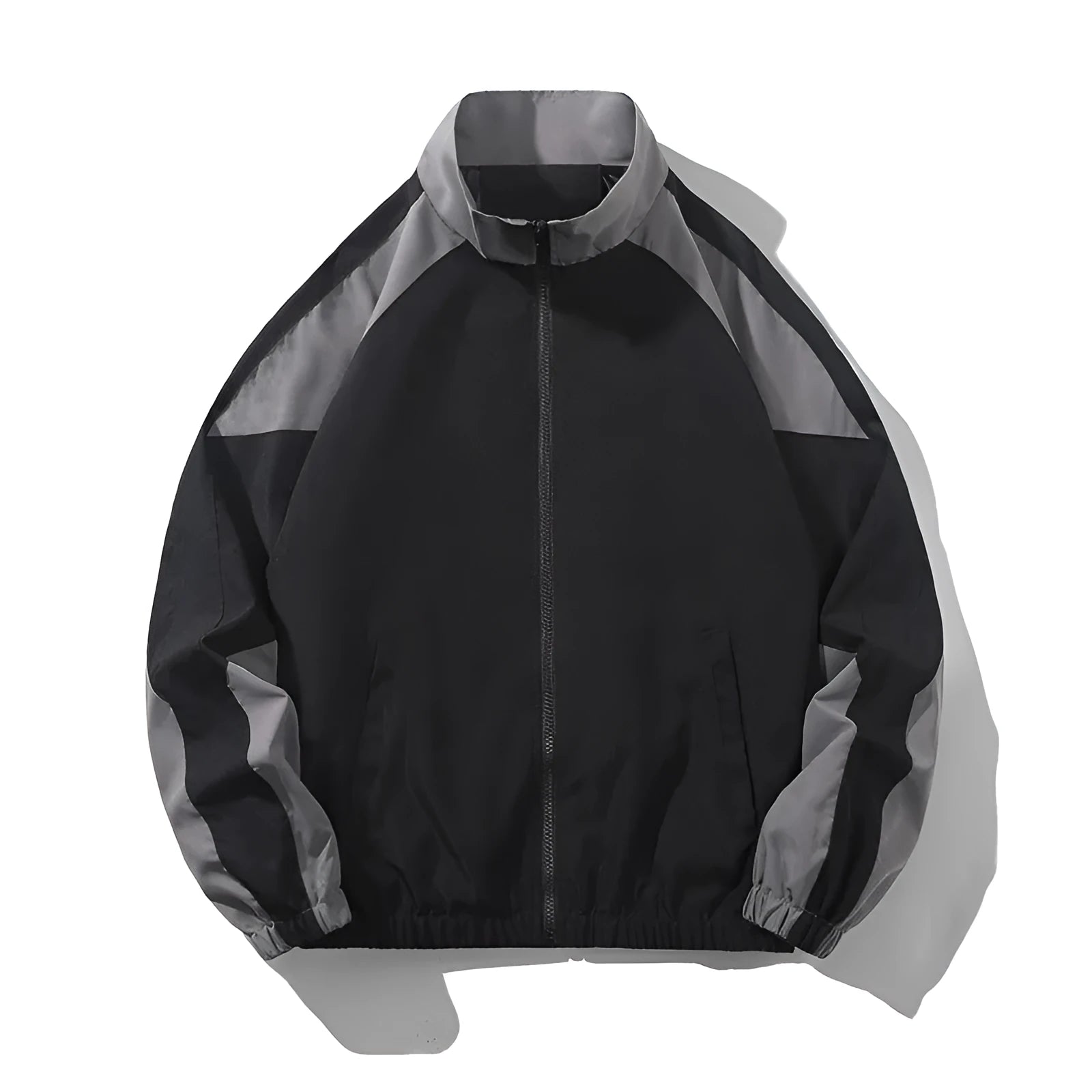 Men's black casual polyester jacket with contrast stitching and side seam pockets.