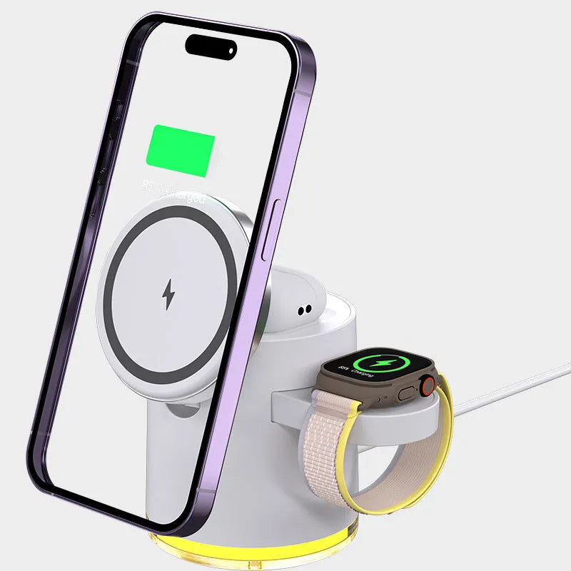 C16 ivory white and black magnetic folding three-in-one wireless charger for phone, watch, and earphones.