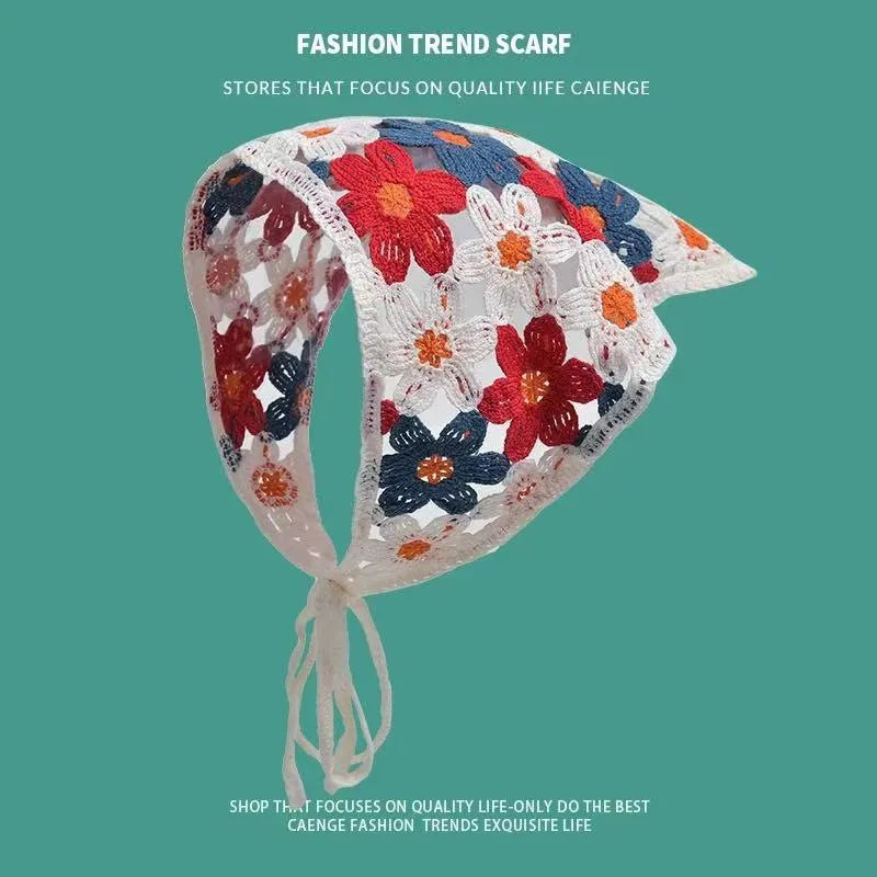 Cotton triangular headscarf with French retro floral pattern in multiple colour options